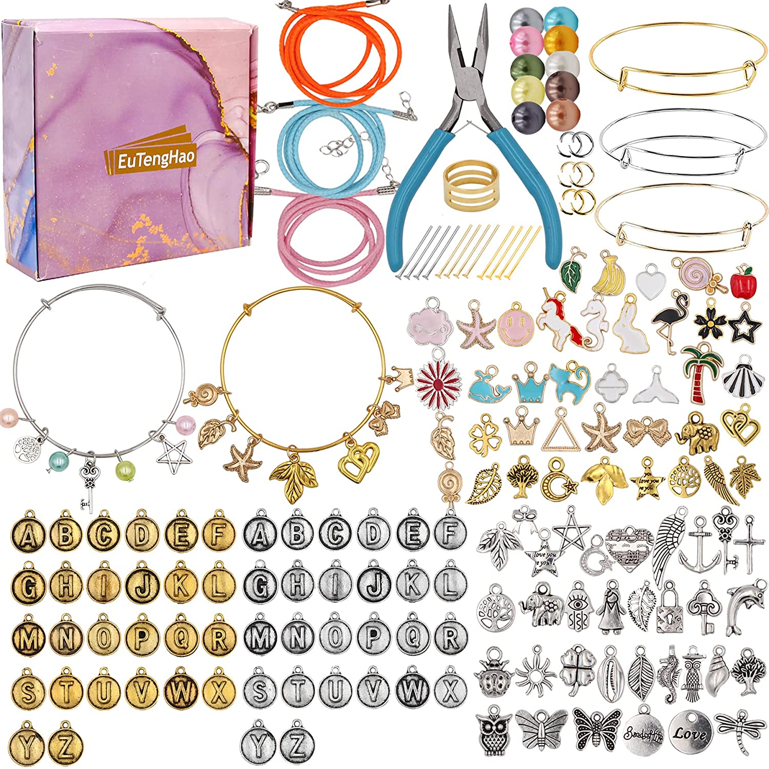 EuTengHao 569Pcs Jewelry Making Spacer Charms Beads Kit with Charm Letter Pendant Pearl Beads, Expandable Bangles,Waxed Cords,Pliers for Bracelet Necklace Earrings Rings Jewelry Making Findings image 0