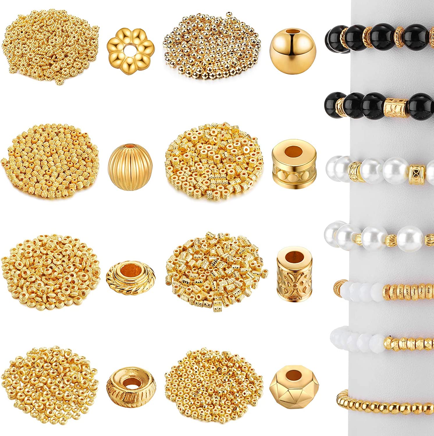 1700 Pieces 8 Styles Spacer Beads Assorted Beads Set Tibetan Flat Round Corrugated Pumpkin Bicone Disc Polygon Faceted Flower Rondelle Loose Beads for Bracelet Necklace Earring Jewelry Making image 0
