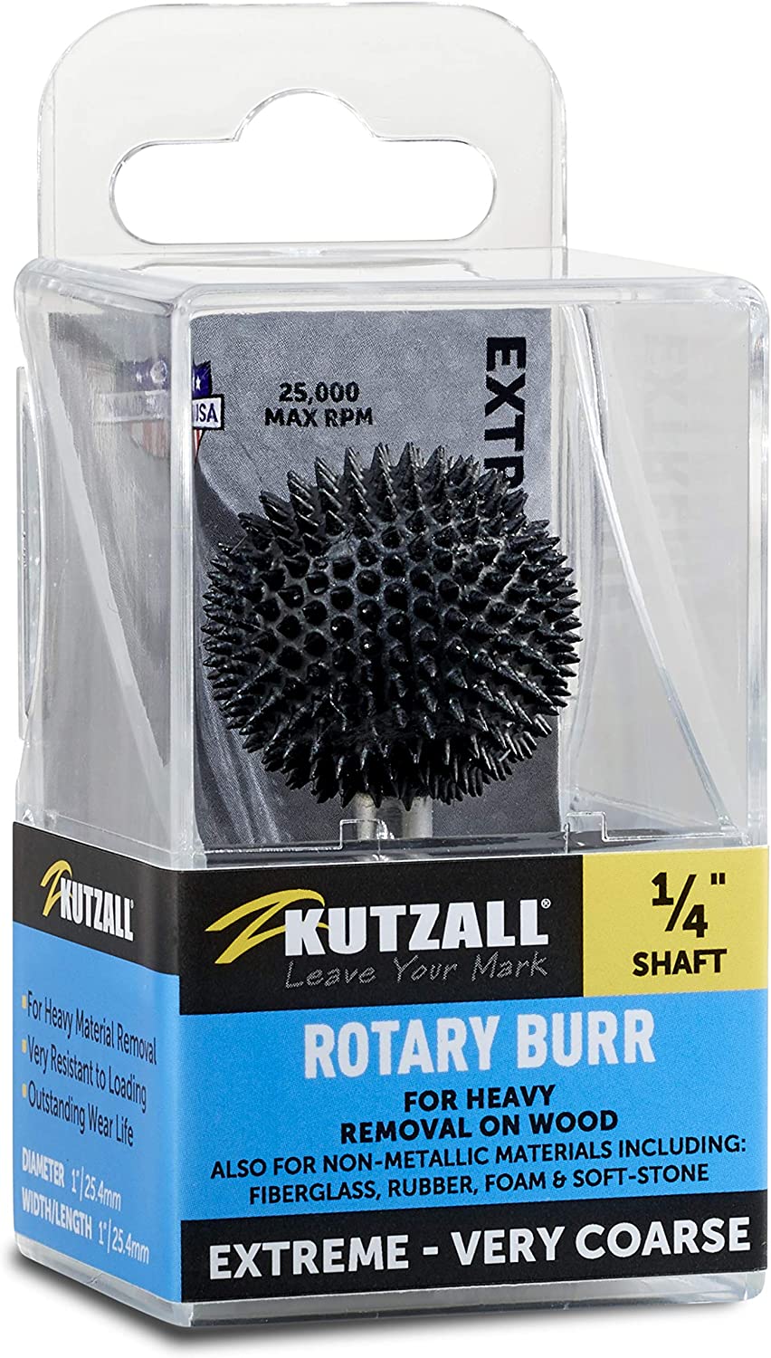 Kutzall Extreme Sphere Rotary Burr 1⁄4" Shaft, Very Coarse - Woodworking Attachment for Bosch, DeWalt, Milwaukee, Makita Tools. Abrasive Tungsten Carbide, 1" (25.4mm) Head Diameter, SX-1C image 1