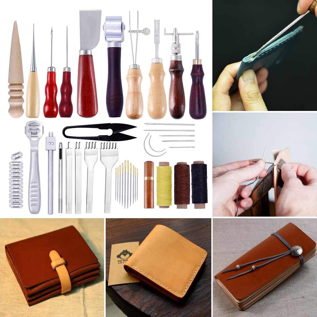 HIGHEMN Maintenance Tools Set 48pcs Leather Craft Tools Kit Hand Sewing Stitching Punch Carving Work Saddle Groover DIY Leathercraft Accessories Professional image 5