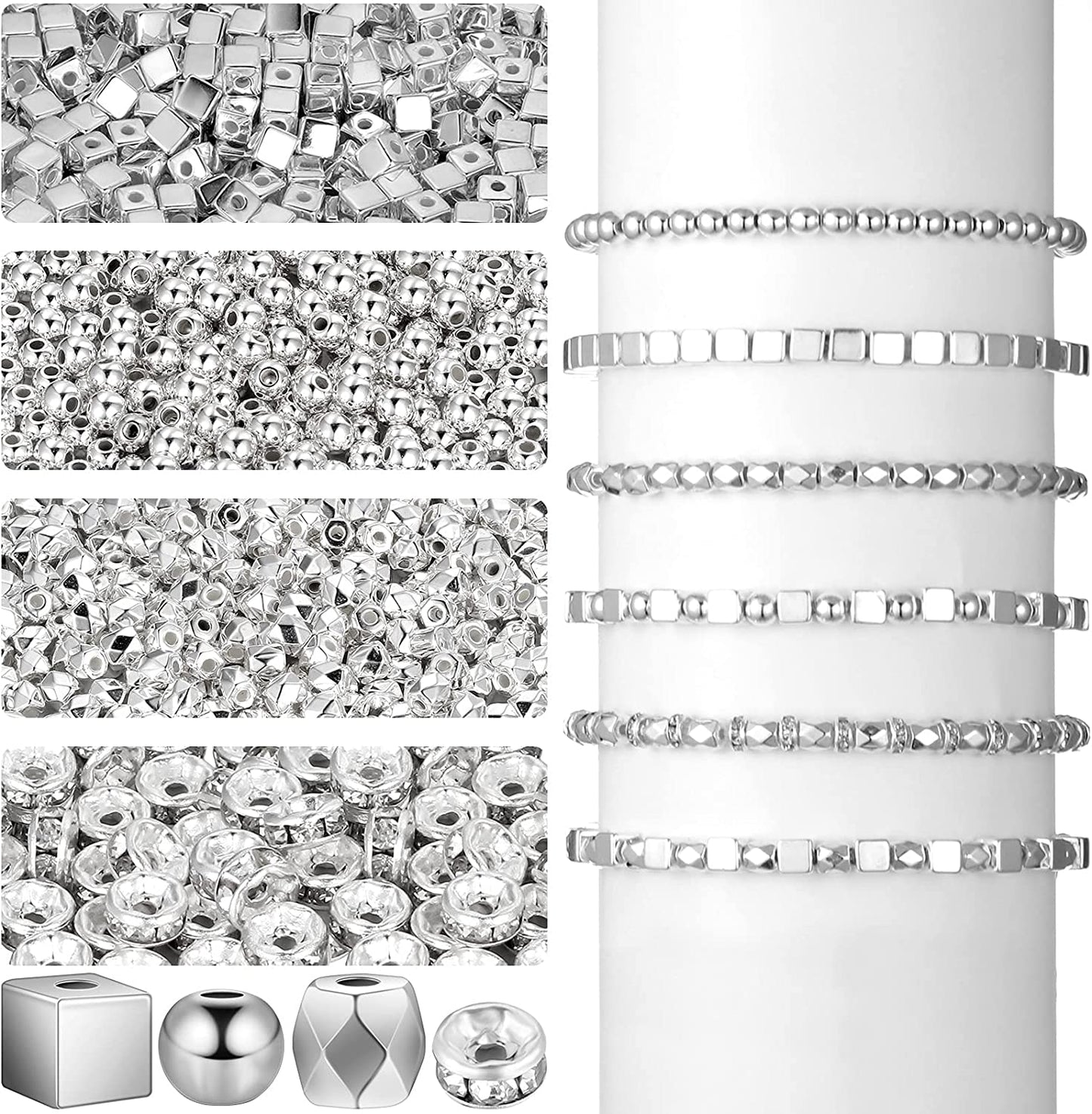 3240 Pieces DIY Assorted Plated Spacer Beads with Hole, Including Square Spacer Beads, Multifaceted Beads, Round Ball Spacer Beads and Crystal Rhinestone Spacer Beads for Jewelry Crafts (Silver) image 0