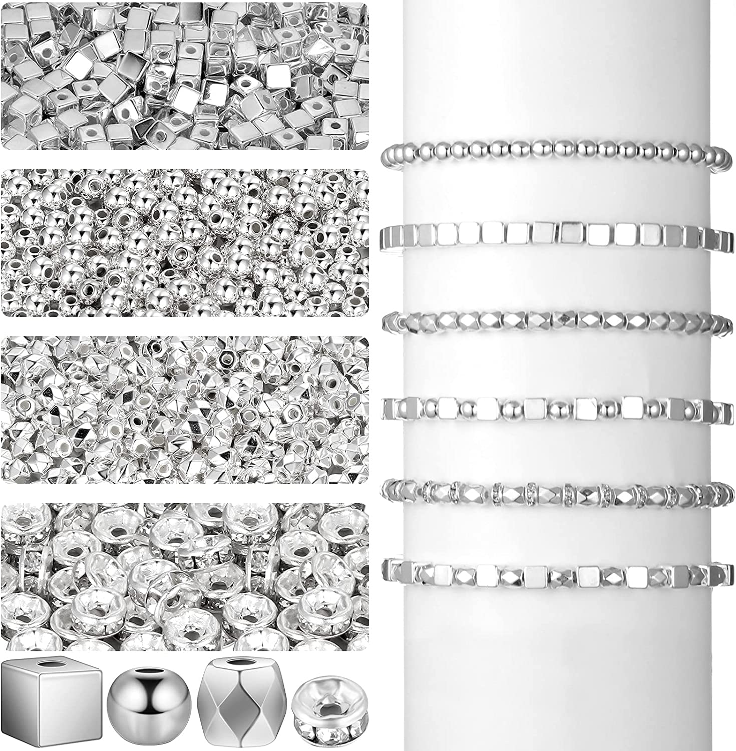 3240 Pieces DIY Assorted Plated Spacer Beads with Hole, Including Square Spacer Beads, Multifaceted Beads, Round Ball Spacer Beads and Crystal Rhinestone Spacer Beads for Jewelry Crafts (Silver) image 0