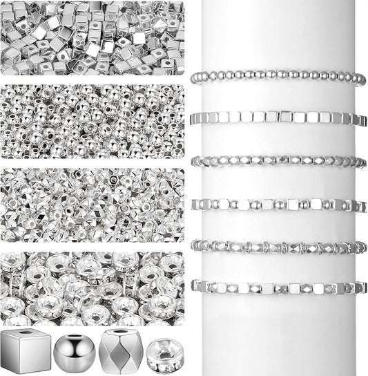 3240 Pieces DIY Assorted Plated Spacer Beads with Hole, Including Square Spacer Beads, Multifaceted Beads, Round Ball Spacer Beads and Crystal Rhinestone Spacer Beads for Jewelry Crafts (Silver) image 0