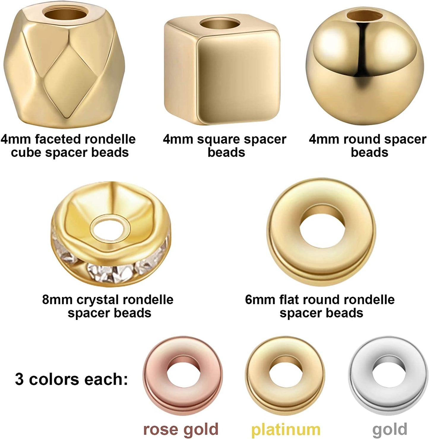 3630 Pieces Assorted Spacer Beads Faceted Rondelle Cube Beads Square Spacer Column Beads Crystal Round Jewelry Charms for Jewelry Making DIY Loose Beads, 5 Styles (Platinum, Gold, Rose Gold) image 1