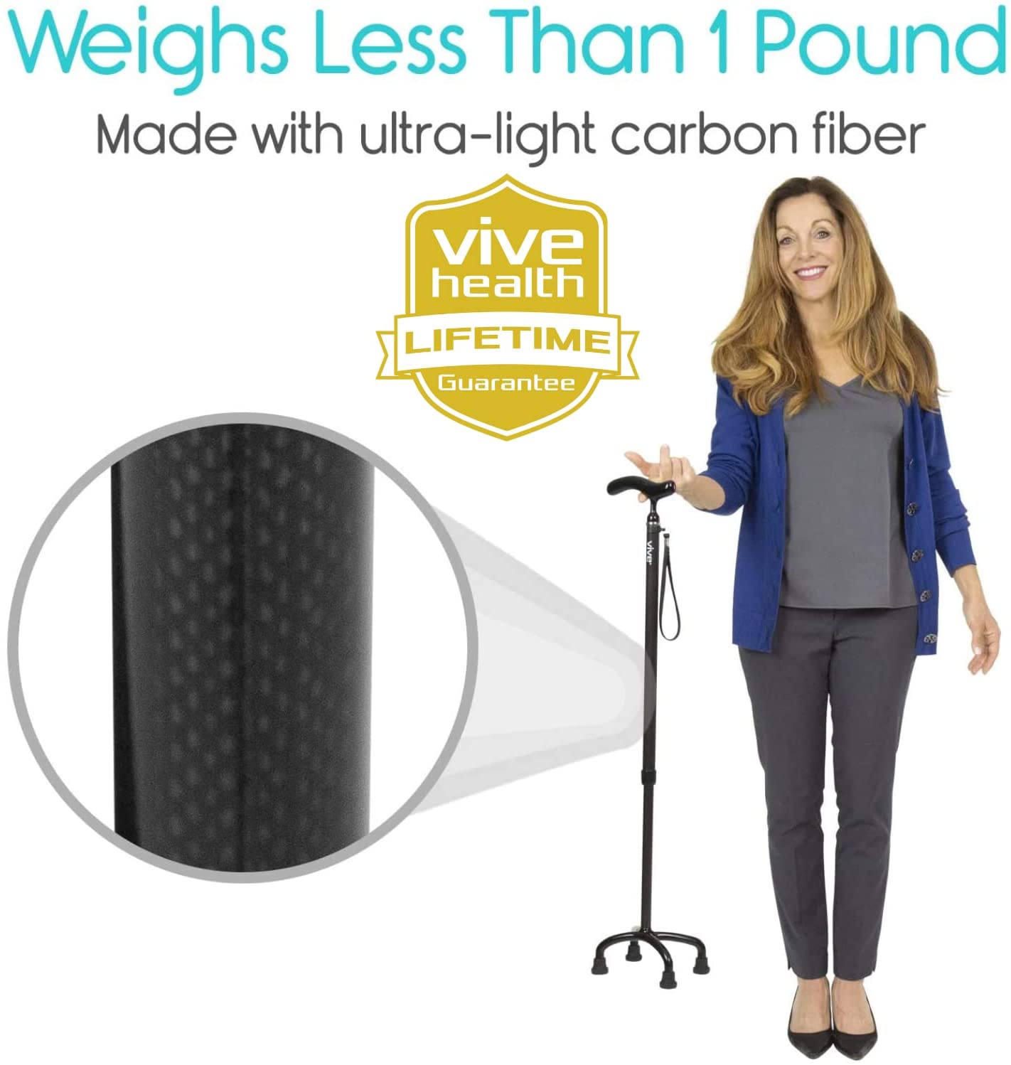 Vive Carbon Fiber Quad Cane - Ultra Lightweight Walking Stick For Men, Women - Adjustable Ergonomic Grip Handle - Nonslip Four Prong Rubber Tips For Right, Left Stability Support - Mobility Travel Aid image 1