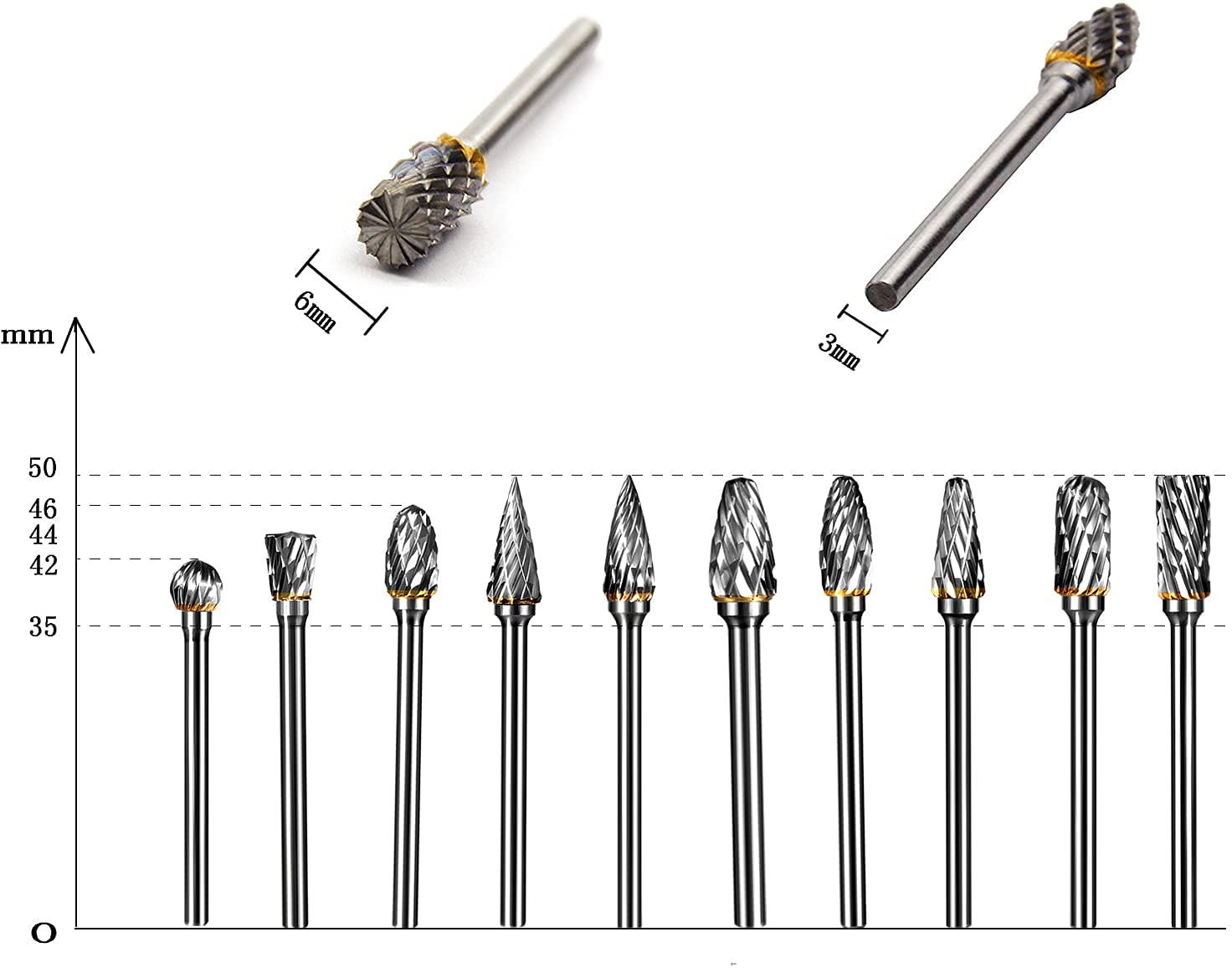 YXGOOD 10 Pieces Tungsten Carbide Double Cut Rotary Burr Set with 3 mm (1/8 Inch) Shank and 6 mm (1/4 Inch) Head Size (Style 1) image 3