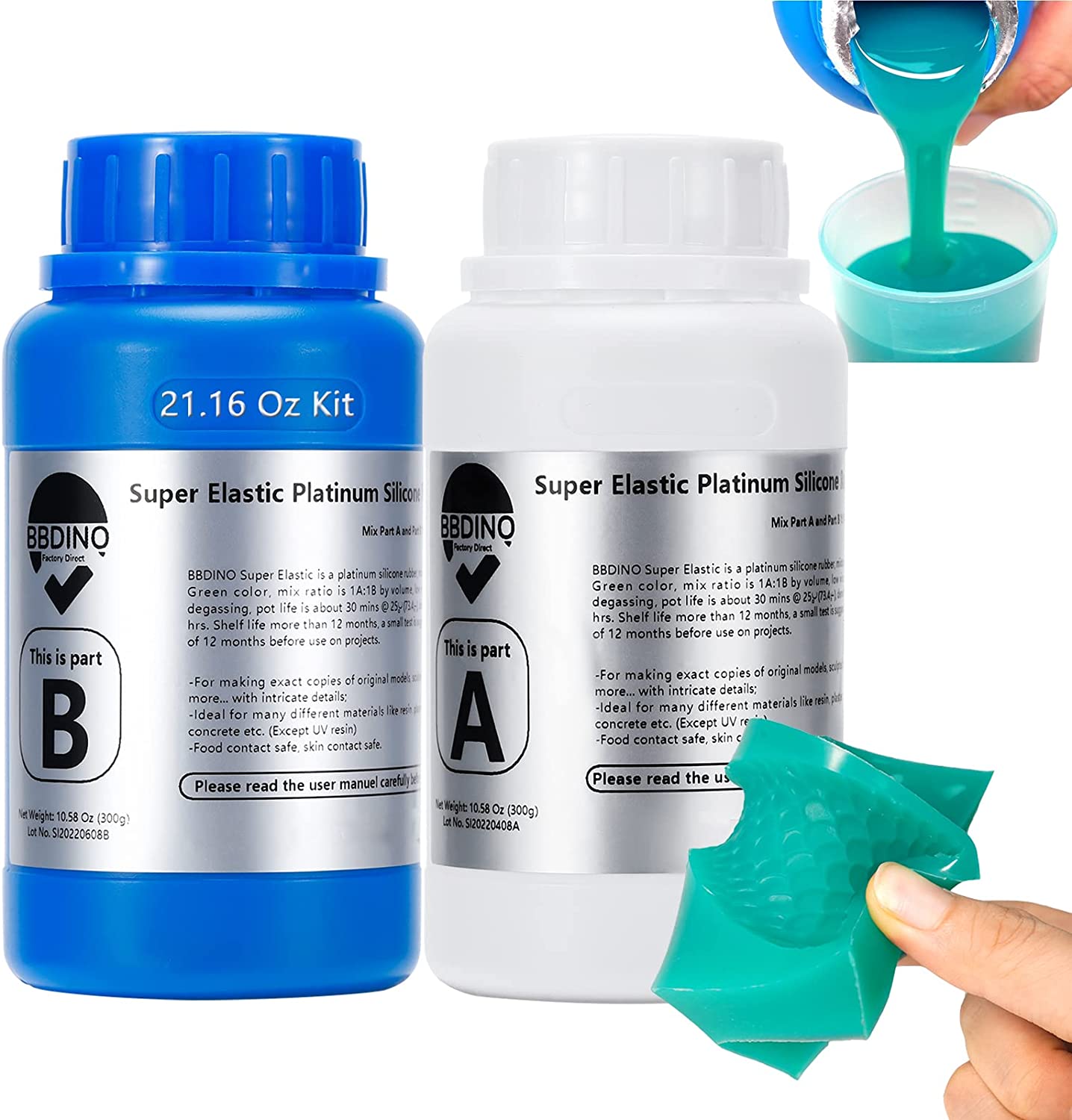 BBDINO Super Elastic Silicone Mold Making Kit, Mold Making Silicone Rubber N.W. 21.16 oz, Liquid Silicone Rubber Mold Making, Ideal for Casting 3D Silicone Molds| Food Molds 1:1 by Volume, Jade Green image 0