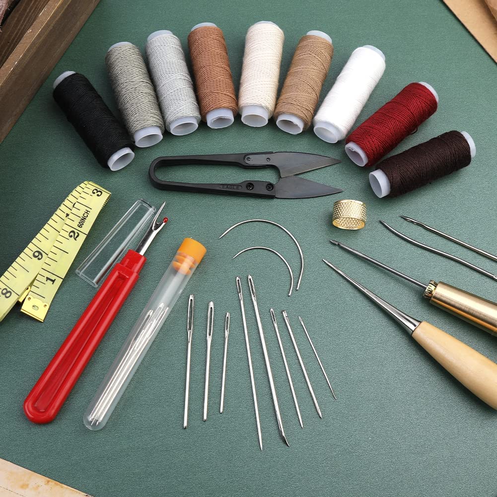 Leather Sewing Kit for Beginners Leather Sewing Awl 34 PCS Leather Needle and Thread Kit Upholstery Thread Cord Large-Eye Stitching Needles for Leather Repair image 6
