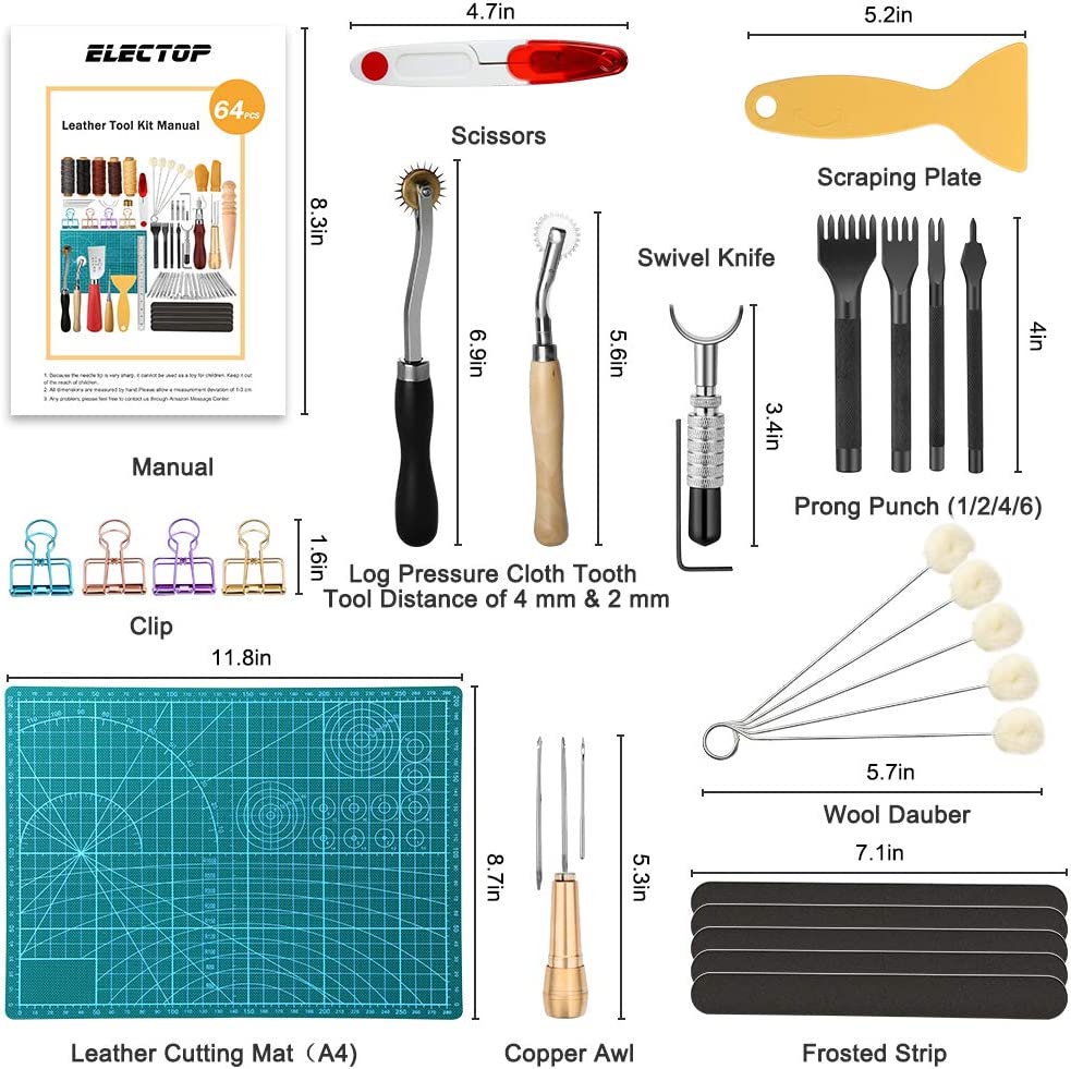 Electop Leather Working Tools Kit, Leather Crafting Tools and Supplies with Leather Stamping Tool Prong Punch Edge Beveler Cutting Mat Awl Wax Ropes Needles DIY Leather Making Stitching Sewing Kit image 1