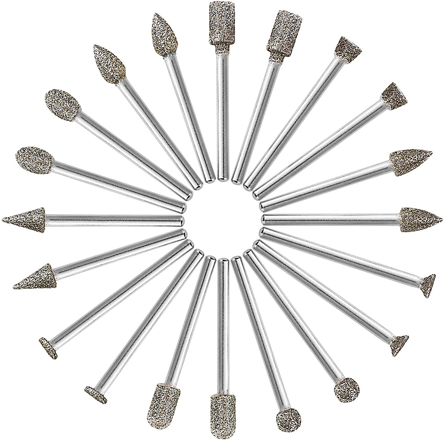 60 Grit 20Pcs 𝗗𝗶𝗮𝗺𝗼𝗻𝗱 𝗕𝘂𝗿𝗿 𝗦𝗲𝘁 - GOXAWEE Rotary Grinding Burrs Engraving Bits Set with 1/8-inch Shank, Diamond-Coated Stone Carving Accessories Bit Universal Fitment for Rotary Tools image 0