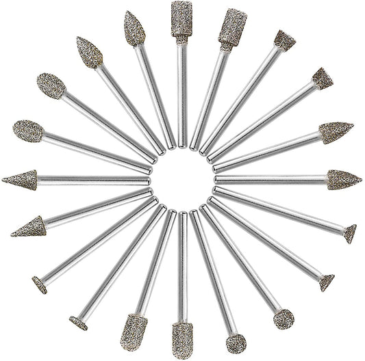 60 Grit 20Pcs 𝗗𝗶𝗮𝗺𝗼𝗻𝗱 𝗕𝘂𝗿𝗿 𝗦𝗲𝘁 - GOXAWEE Rotary Grinding Burrs Engraving Bits Set with 1/8-inch Shank, Diamond-Coated Stone Carving Accessories Bit Universal Fitment for Rotary Tools image 0
