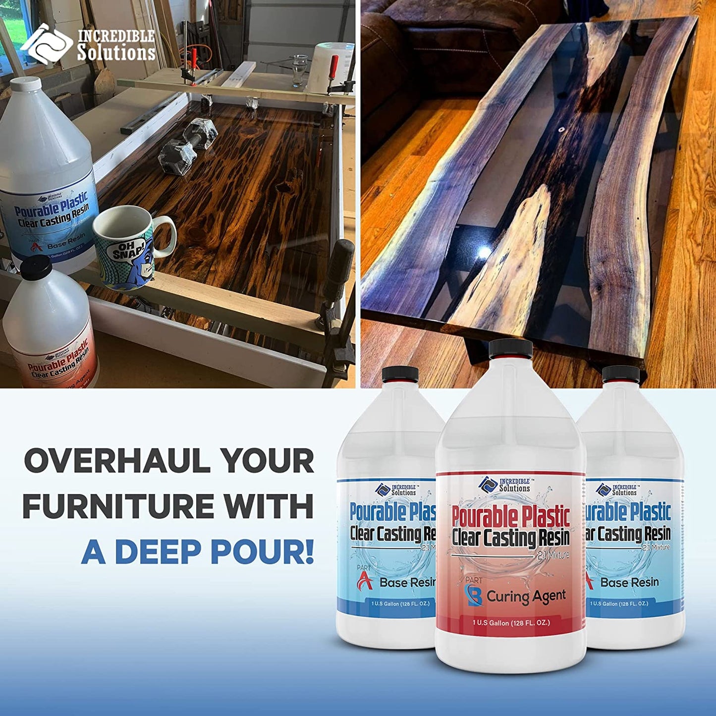 Pourable Plastic Deep Pour Up To 2" Thick USA Manufactured Clear Casting Resin 3 Gallon(2 Gallons Resin + 1 Gallon Curing Agent) Kit Perfect For River Tables &amp; Castings – Low Odor Epoxy, a 2:1 Ratio image 2