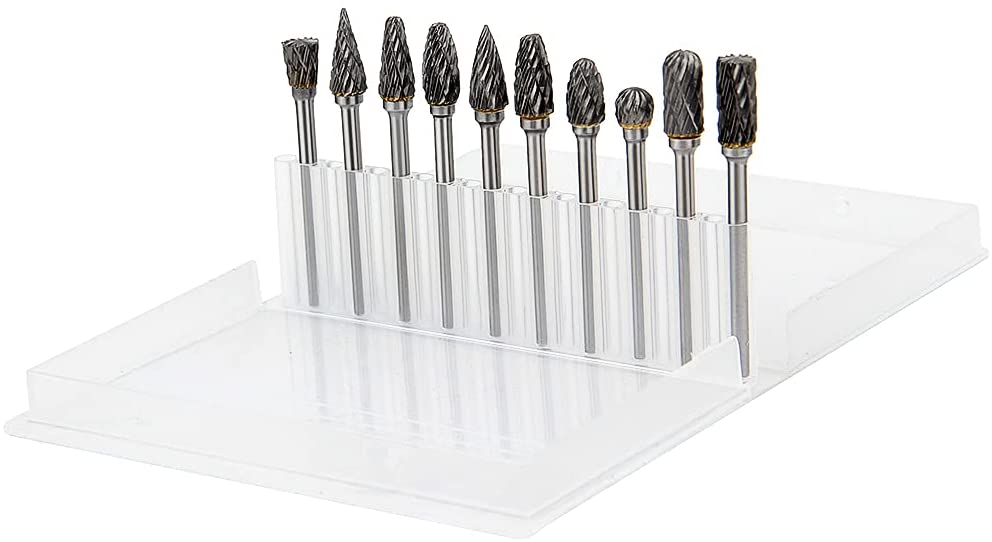 YXGOOD 10 Pieces Tungsten Carbide Double Cut Rotary Burr Set with 3 mm (1/8 Inch) Shank and 6 mm (1/4 Inch) Head Size (Style 1) image 1