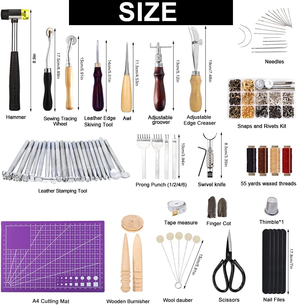 183Pcs Leather kit,Leathercraft Working Tool Kit with Saddle Making Tools Set,Leather Rivets Kit,Prong Punch,Leather Hammer for Leather Working,Leather Making,Leather Craft DIY image 1