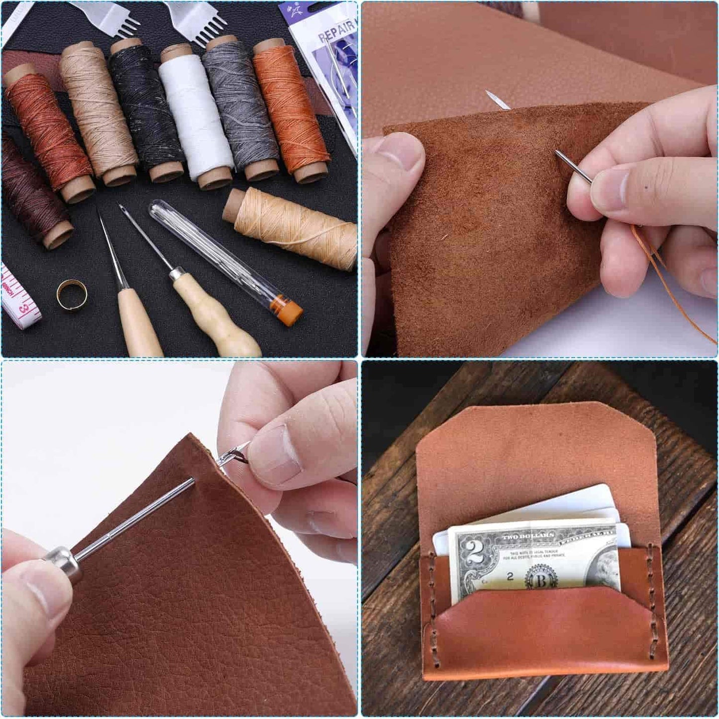 Cridoz 35 Pcs Leather Stitching Pouch Kit with 4mm Prong Sewing Hole Punch, Leather Sewing Tools, Waxed Thread and Large-Eye Stitching Needles for Beginner Leather Sewing Working Crafting Projects image 4