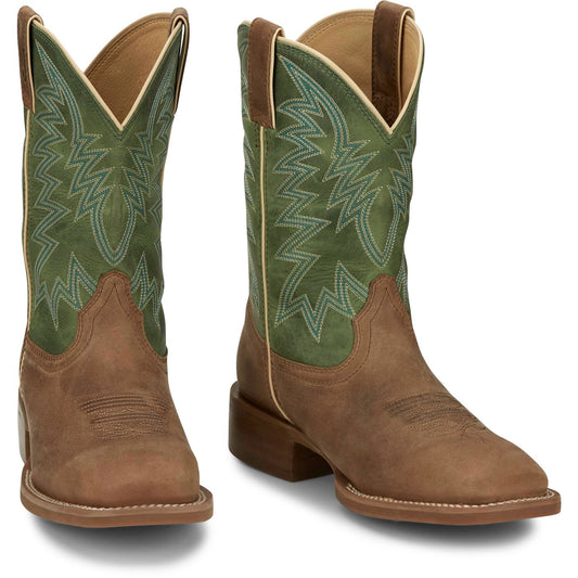 Justin Boots Men's Big Bucks 11" Western Boot - Tan/Green Cowhide (FN7110) - Front View