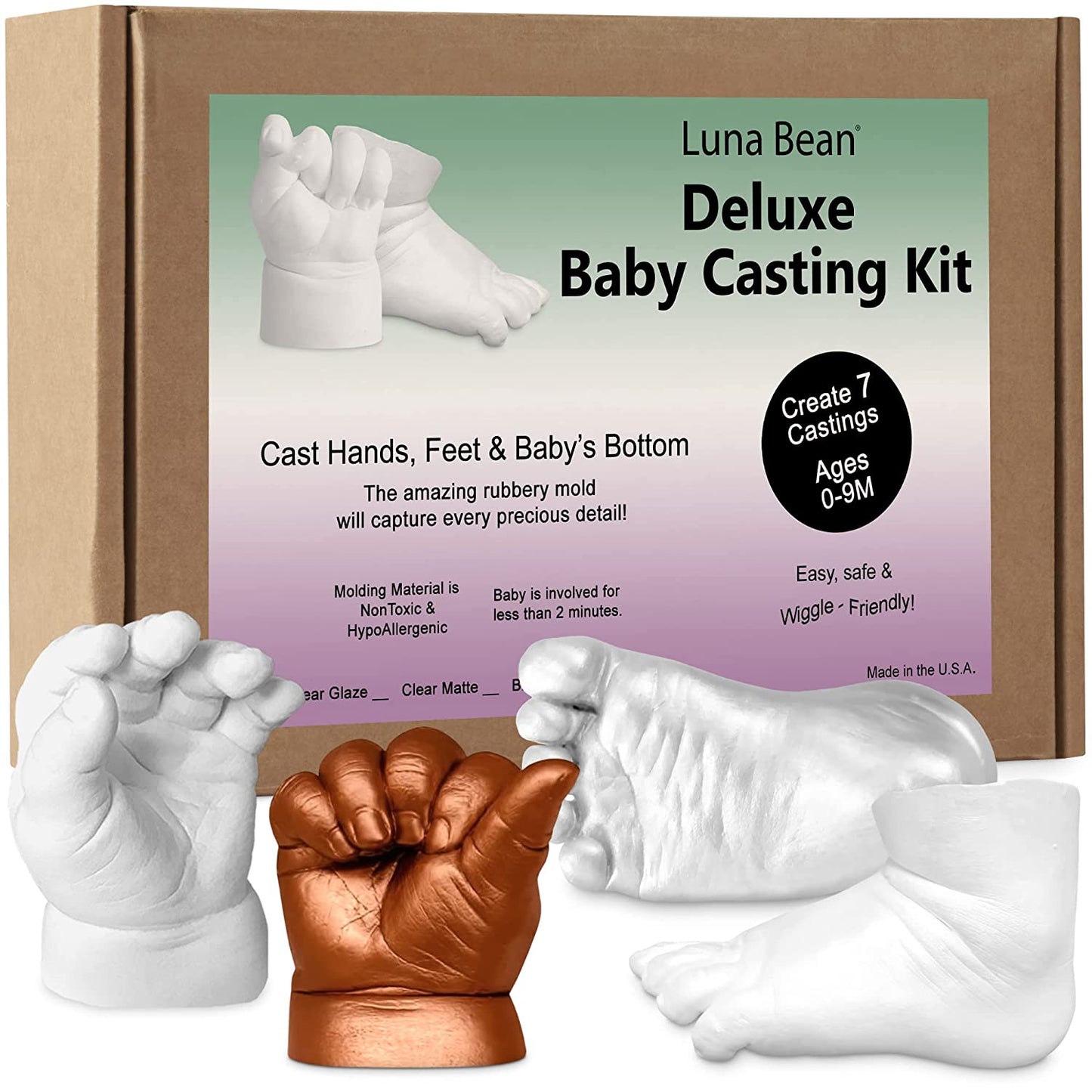 Luna Bean Deluxe Baby Keepsake Hand Casting Kit - Plaster Hand Mold Casting Kit for Infant Hand &amp; Foot Mold - Baby Casting Kit for First Birthday, Christmas &amp; Newborn Gifts - (Clear Sealant - Gloss) image 0