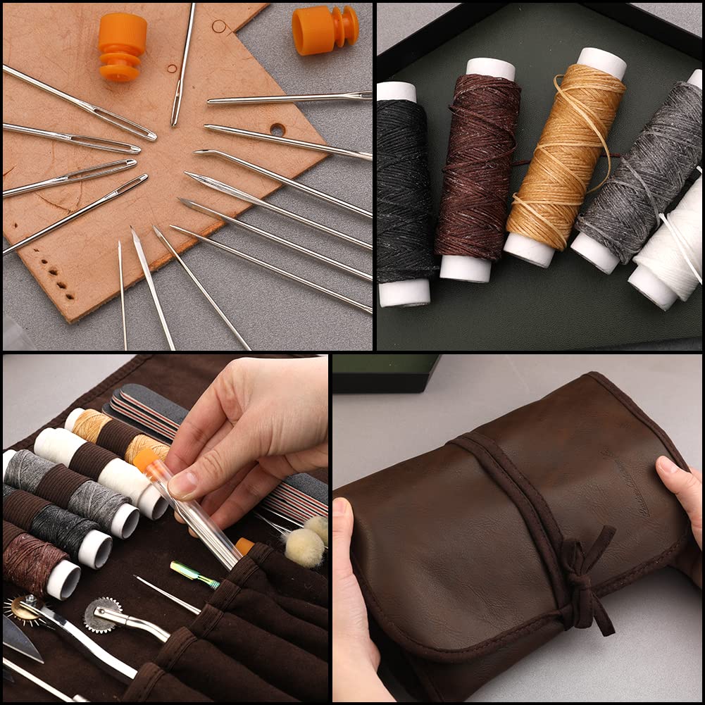 Leather Sewing Kit Leather Craft Tools Leather Craft Making Leather Sewing Tools Kit for DIY Sewing Craft Projects with Custom Storage Bag Adjustable Groover Stitch Wheel Waxed Threads image 7