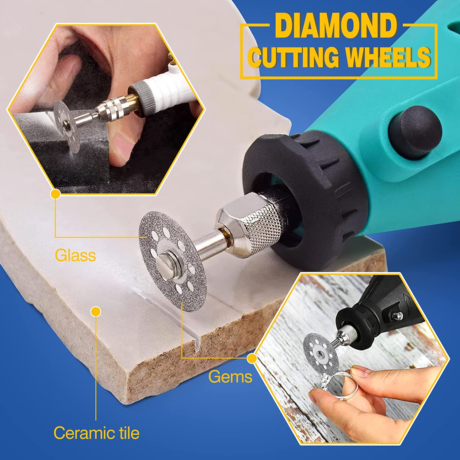 Rotary Tool Accessories Cutting Wheels Set 42 Pcs Diamond Cutting Wheels 15pcs and Resin Cutting Off Wheels 15pcs with Mandrels, Hss Circular Saw Blades 6pcs with 1/8" Shank for Wood Metal DIY Craft image 3