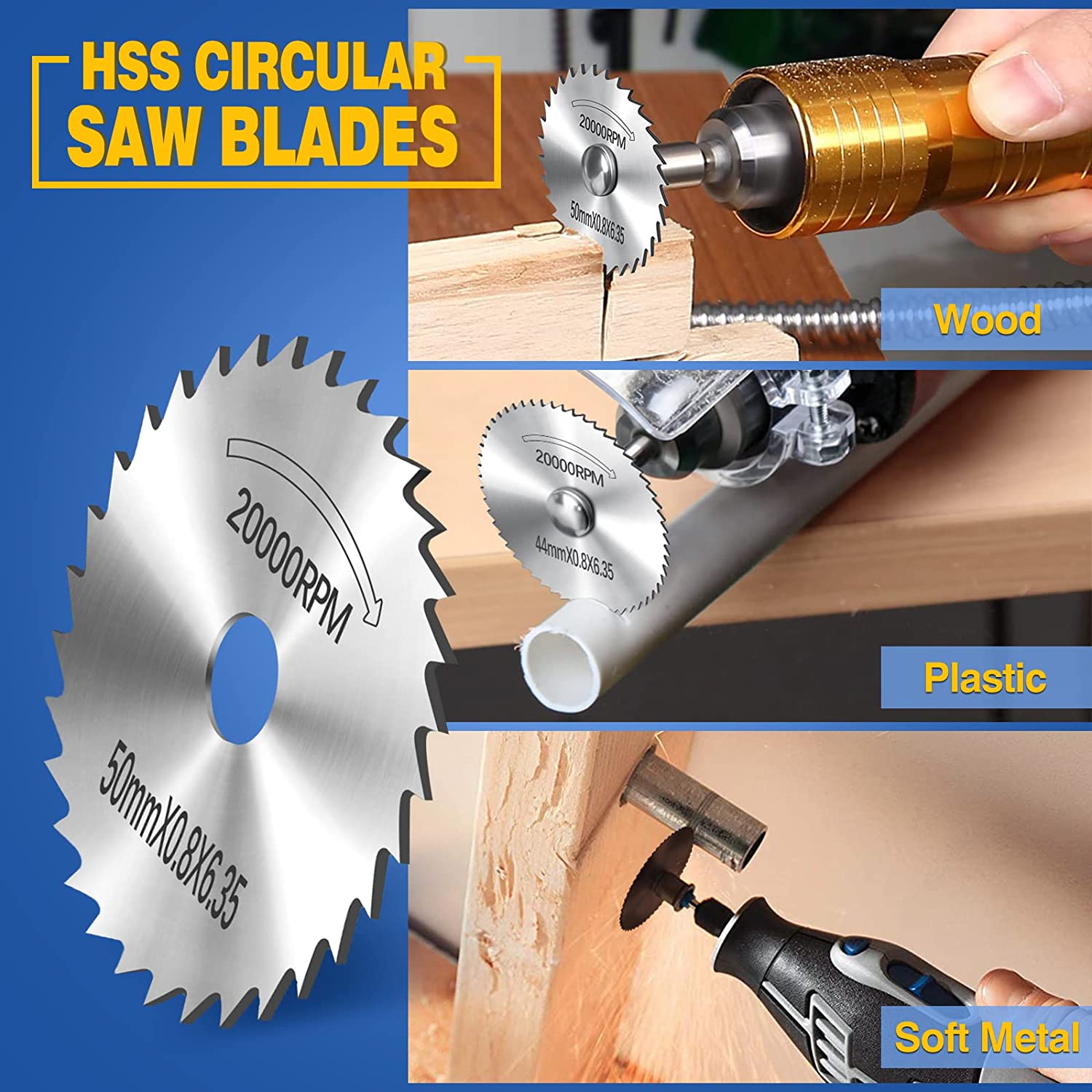 Rotary Tool Accessories Cutting Wheels Set 42 Pcs Diamond Cutting Wheels 15pcs and Resin Cutting Off Wheels 15pcs with Mandrels, Hss Circular Saw Blades 6pcs with 1/8" Shank for Wood Metal DIY Craft image 2