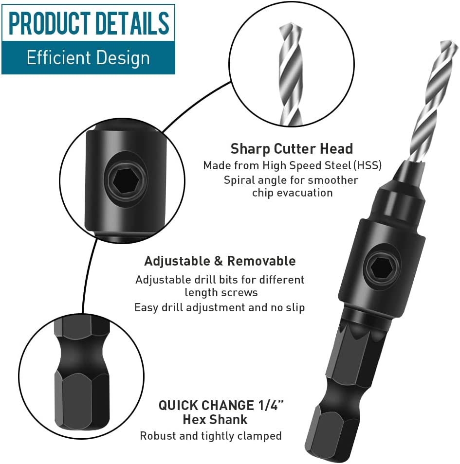 Countersink Drill Bit Set, 5Pcs Quick Change 1/4" Hex Shank Adjustable Countersink Set, 5pcs Free Replaceable Drill Bits with One Hex Wrench, Woodworking Countersink Drill Bits image 2