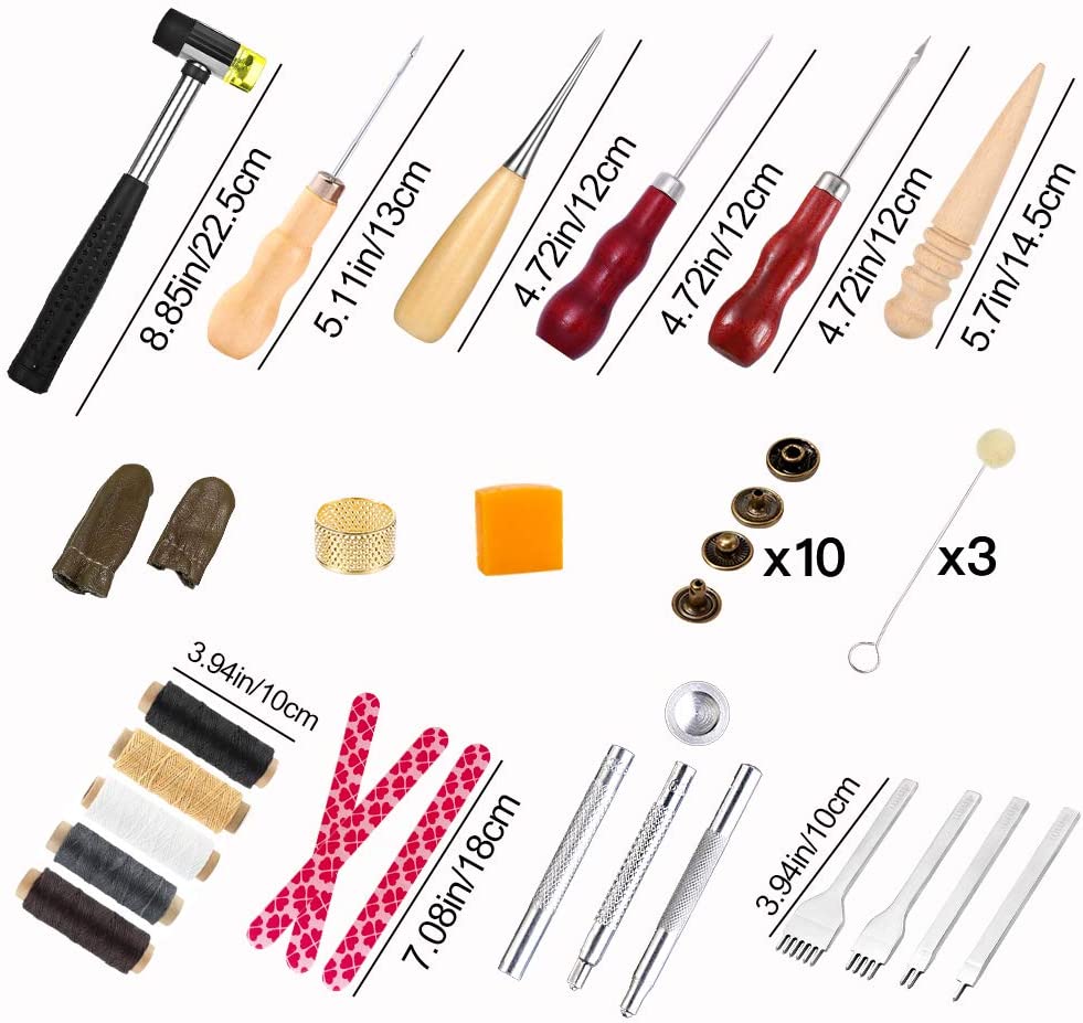 UOOU 46Pcs Leather Craft Tools Kit Leather Working Tools Basic Leather Sewing Repair kit Waxed Thread Prong Punch Snaps and Rivets Kit Hand Sewing Needles Awl for Leather Shoes Bag Belt Repairing image 1