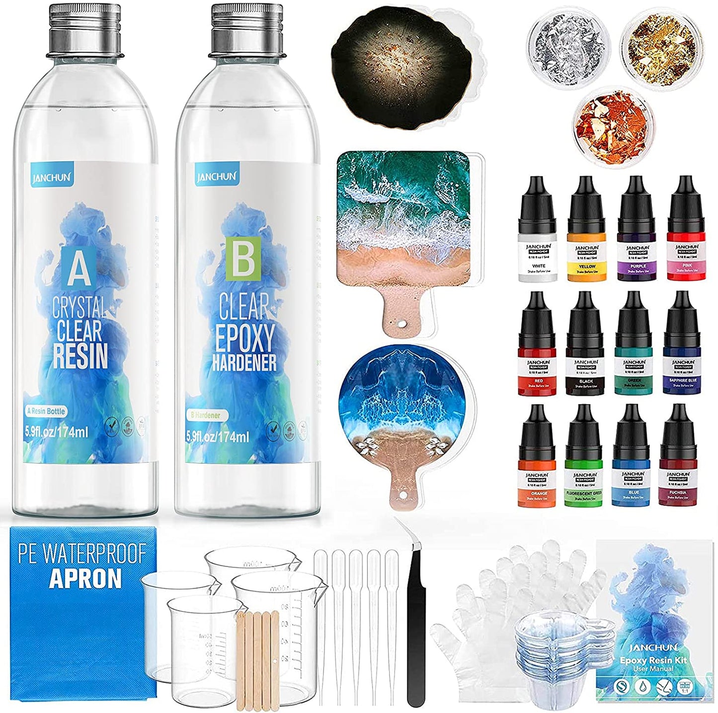 JANCHUN Resin Kit for Beginners,Coating and Casting Coaster Molds for Resin Casting with Foil Flakes Color Pigments,Art Resin Epoxy Resin Crystal Clear for Art,Crafts,Jewelry,DIY,Tumbler,River Table image 0