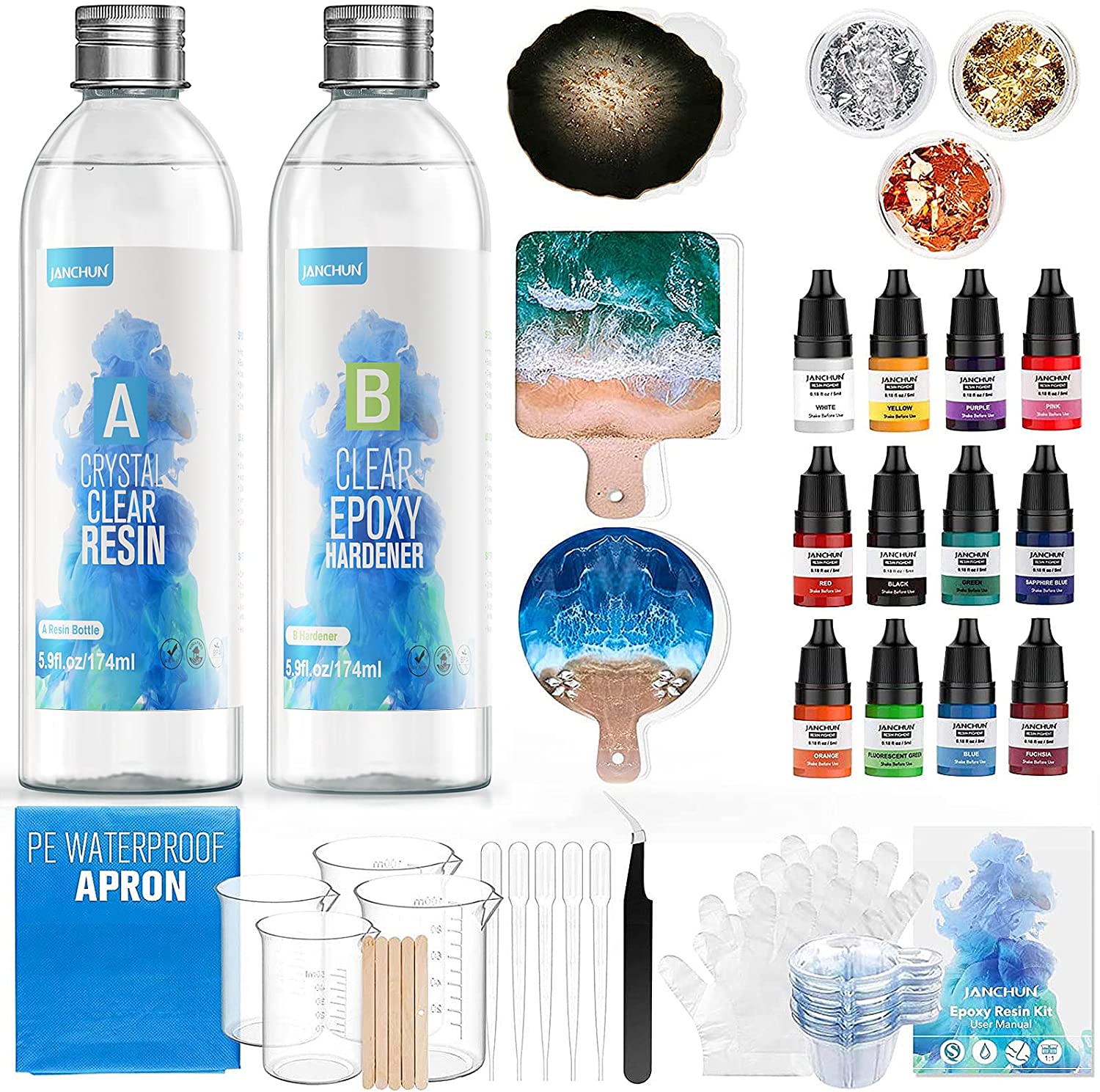 JANCHUN Resin Kit for Beginners,Coating and Casting Coaster Molds for Resin Casting with Foil Flakes Color Pigments,Art Resin Epoxy Resin Crystal Clear for Art,Crafts,Jewelry,DIY,Tumbler,River Table image 0