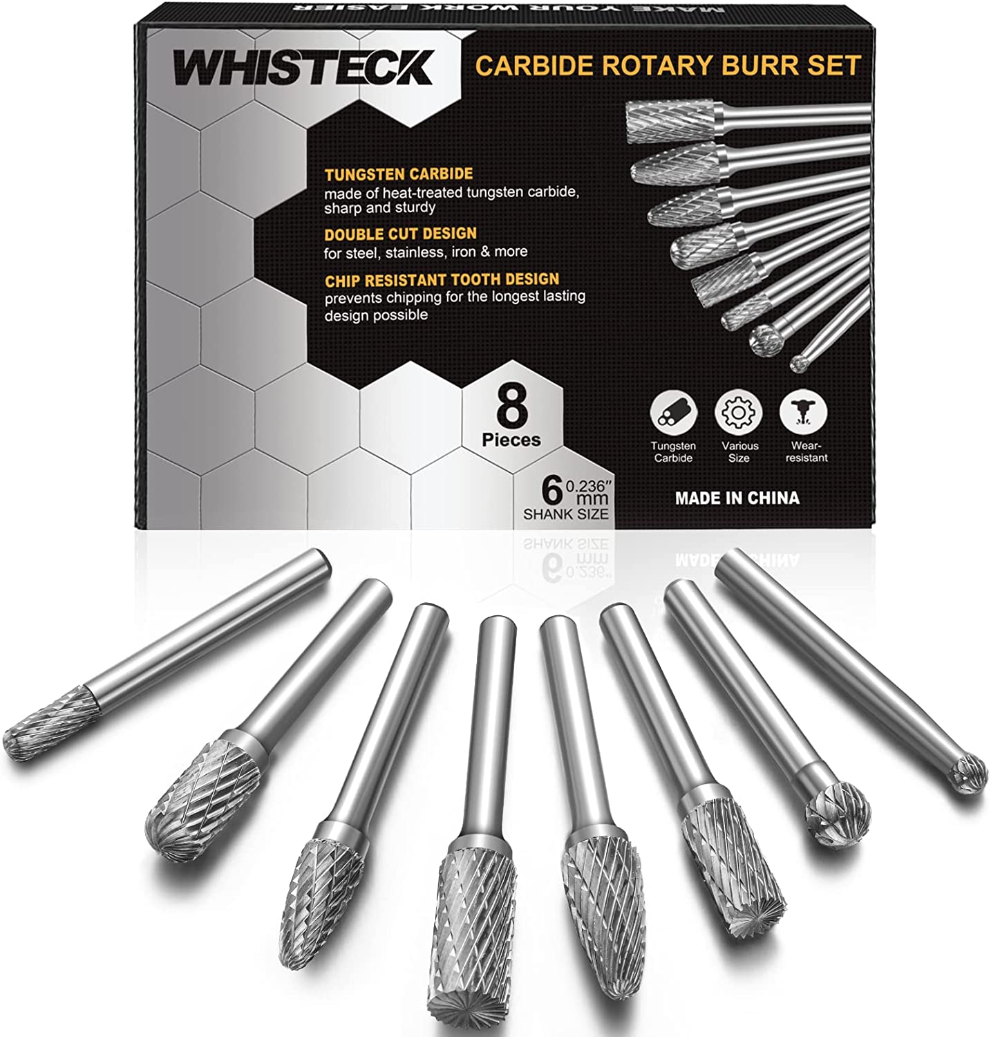 WHISTECK Carbide Burr Set, 8Pcs Double Cut Tungsten Carbide Rotary Burr set, 1/4 inch Shank Die Grinder Bits, Carbide Rotary File for Metal Wood Carving, Engraving, Polishing,Drilling image 0