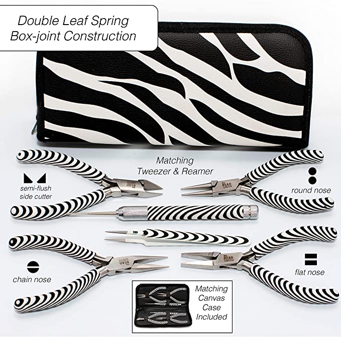 The Beadsmith Zebra Print Pliers – 6 Inch Tools, 6 Piece Kit: Chain Nose, Round Nose, Bent Chain Nose, Side Cutter, Tweezers &amp; Reamer with Zippered Pouch – Tools Set for Jewelry Making image 1