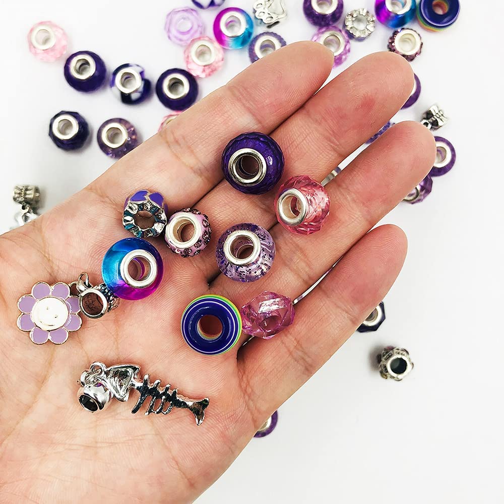 100 Pieces Assorted European Large Hole Beads, DaKuan Large Hole Spacer Beads Rhinestone Beads for Charms Bracelets Making kit ( Purple ) image 5