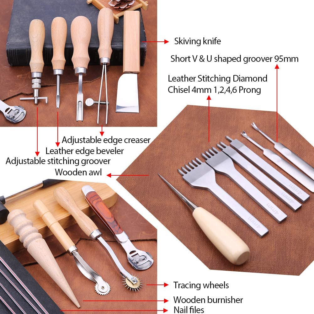 Leathercraft Hand Tools Kit, Leather Working Tools with Leather Prong Punch, Leather Hammer, Stitching Groover, Leather Skiver, and Other DIY Leather Craft Tools for Leather Making Projects image 4