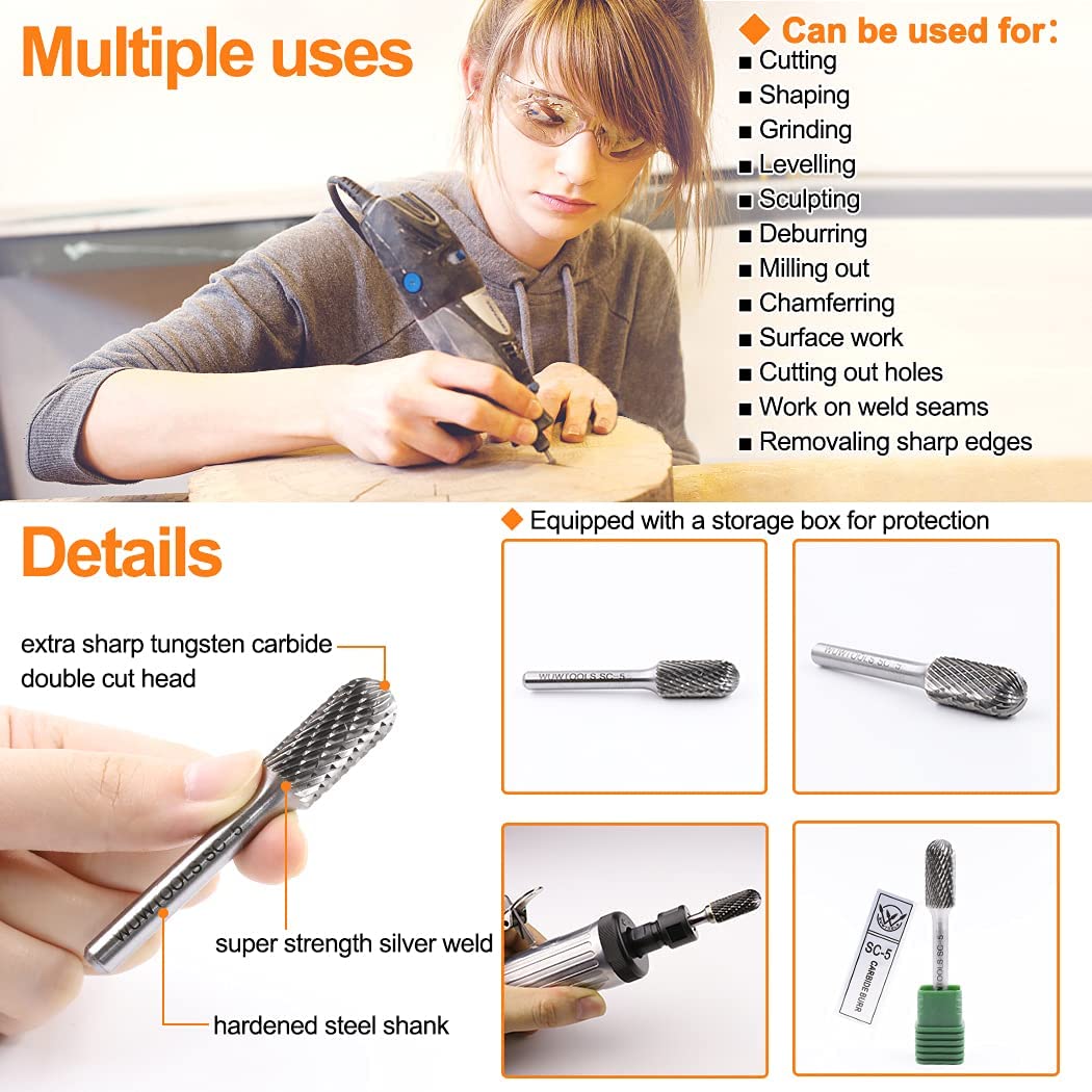 WUWTOOLS Carbide Cutting Burrs 1/4" Shank Tungsten SC-5 Double Cut Rotary File Die Grinder Bit Accessories for Wood Carving Metal Glass Grinding Engraving Polishing Cutting Shaping and Drilling 3PCS image 2
