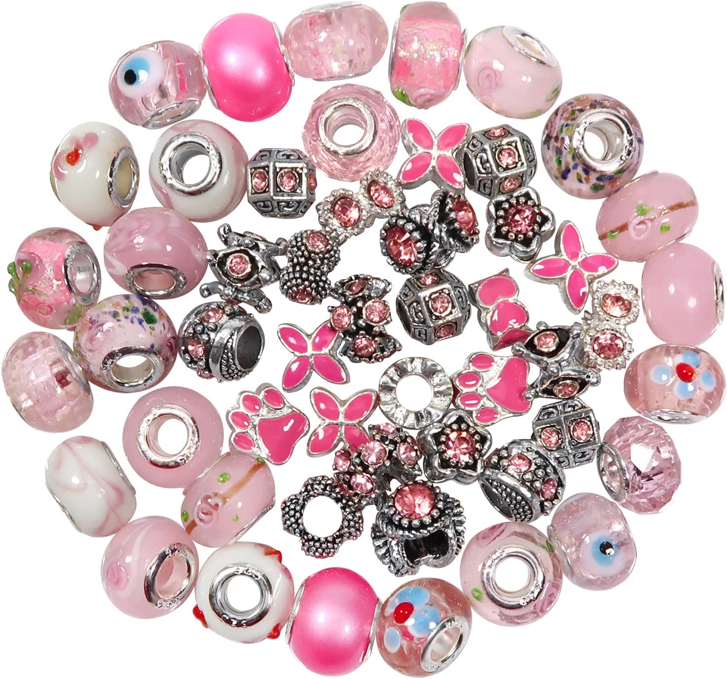 TOAOB 50pcs Pink European Large Hole Beads Spacer Glass Lampwork Craft Beads Rhinestone Metal Beads for DIY Charms Bracelet Necklace Jewelry Making image 0