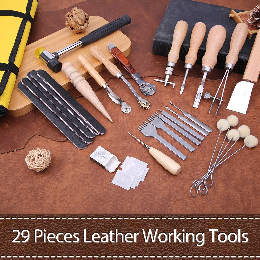 Leathercraft Hand Tools Kit, Leather Working Tools with Leather Prong Punch, Leather Hammer, Stitching Groover, Leather Skiver, and Other DIY Leather Craft Tools for Leather Making Projects image 3