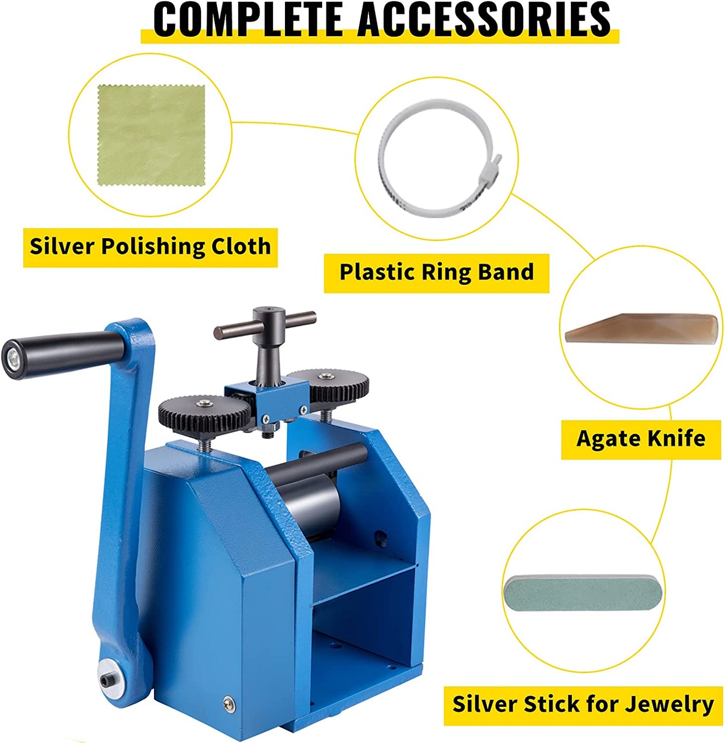 VEVOR Jewelry Rolling Mill 4.4"/112mm, Gear Ratio 1:2.5 Wire Roller Mill 0.1-7mm Press Thickness Manual Combination Rolling Mill w/Iron Roller for Jewelry Sheet Semicircle Pattern image 5