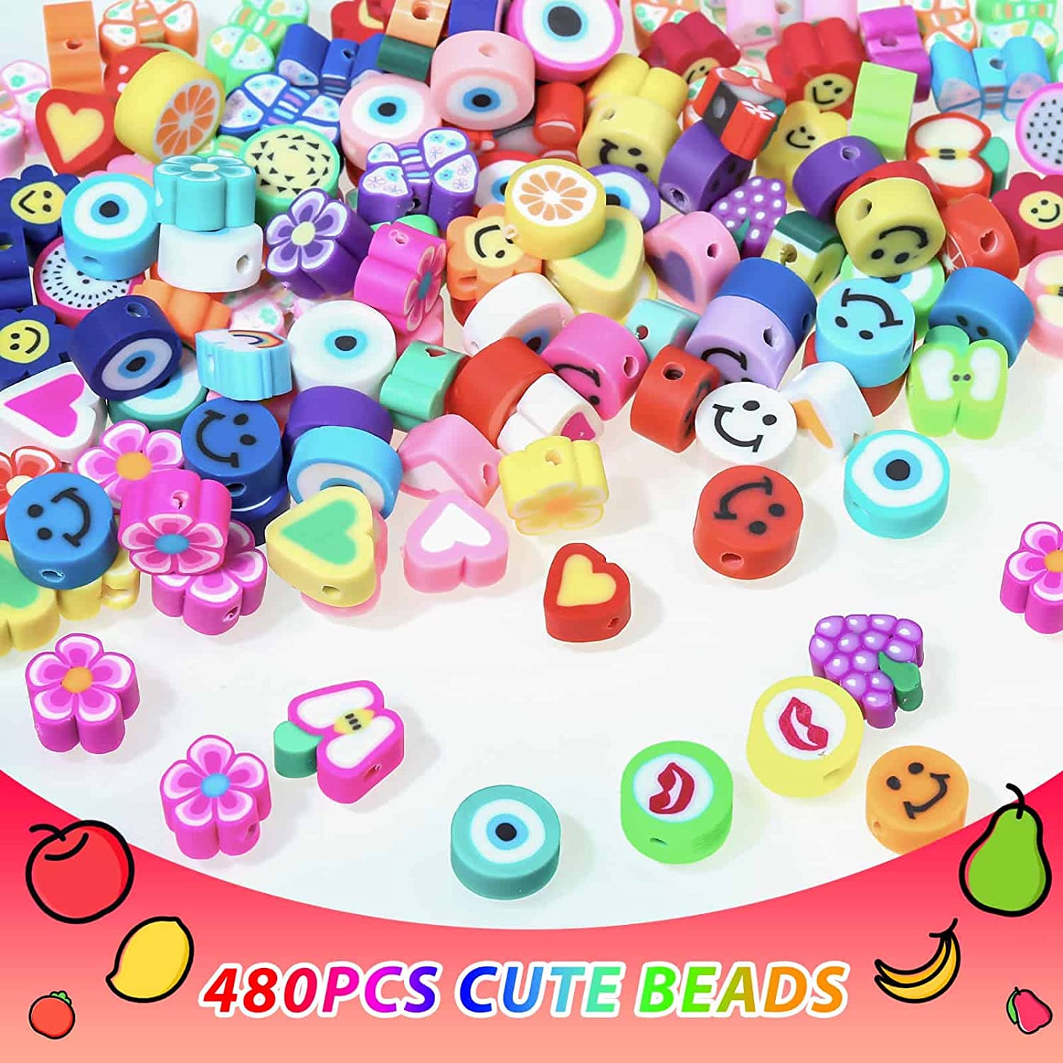 480 Pcs Fruit Flower Polymer Clay Beads, 24 Styles Trendy Cute Smiley Bead Charms for Bracelets Jewelry Necklace Earring Making with Elastic String image 3