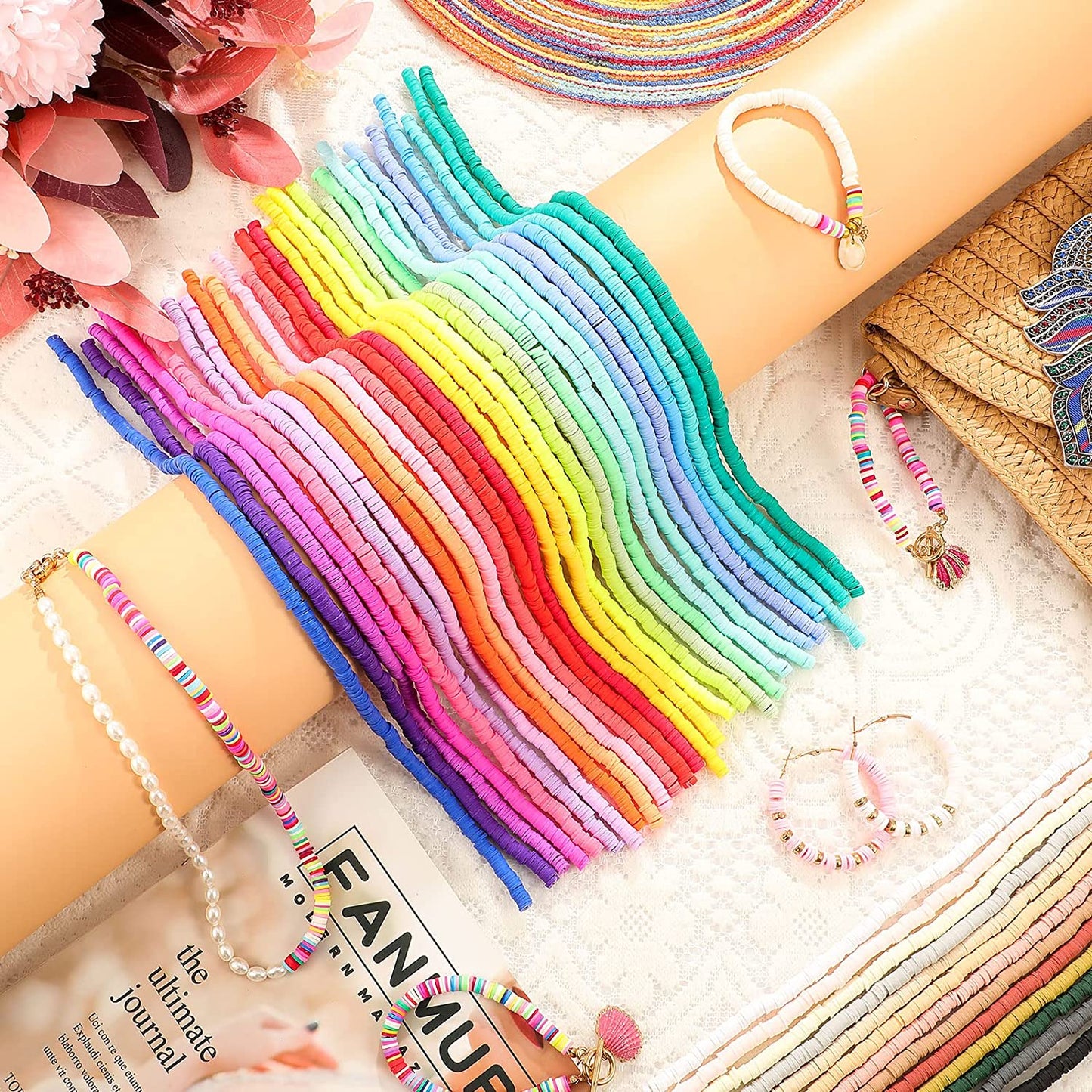 15200 Pieces 40 Strands Clay Beads Colorful Heishi Clay Beads Polymer Clay Beads Flat Round Beads for Jewelry Making DIY Bracelet Necklace Earrings, 40 Colors image 4