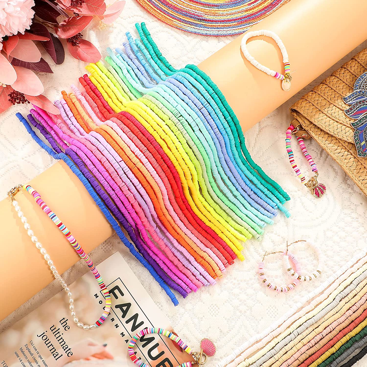 15200 Pieces 40 Strands Clay Beads Colorful Heishi Clay Beads Polymer Clay Beads Flat Round Beads for Jewelry Making DIY Bracelet Necklace Earrings, 40 Colors image 4