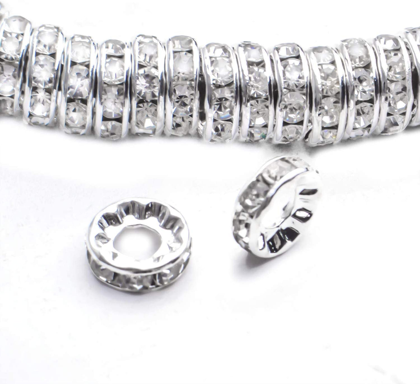 BronaGrand Rhinestone Spacer Beads,100Pcs Crystal Rhinestone Spacer Beads Large Hole European Beads Metal Beads Supplies for DIY Bracelet Necklace Jewelry Making image 4