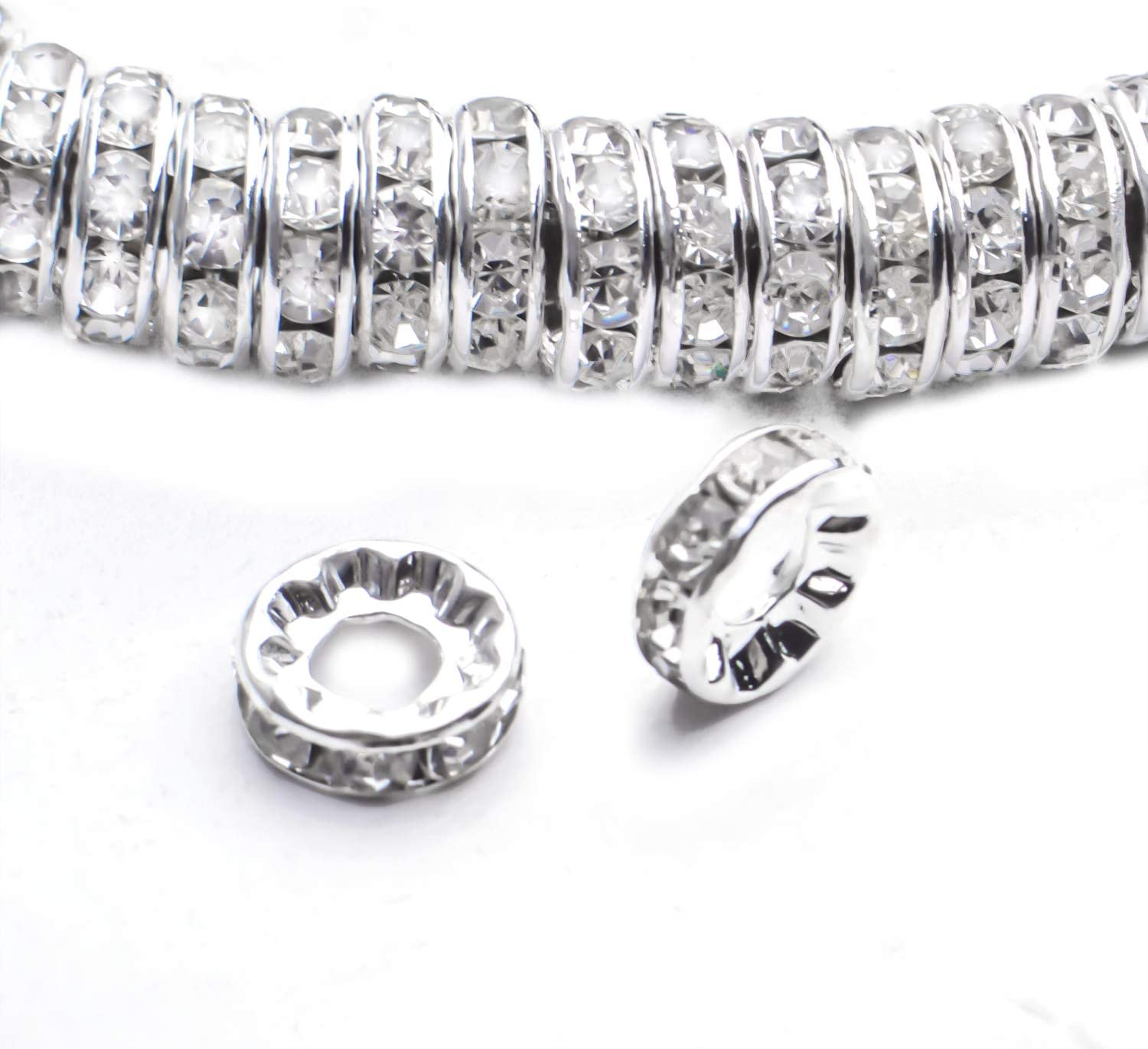 BronaGrand Rhinestone Spacer Beads,100Pcs Crystal Rhinestone Spacer Beads Large Hole European Beads Metal Beads Supplies for DIY Bracelet Necklace Jewelry Making image 4