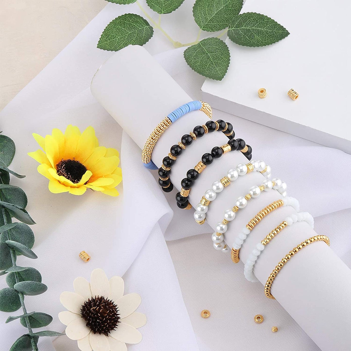 1700 Pieces 8 Styles Spacer Beads Assorted Beads Set Tibetan Flat Round Corrugated Pumpkin Bicone Disc Polygon Faceted Flower Rondelle Loose Beads for Bracelet Necklace Earring Jewelry Making image 4