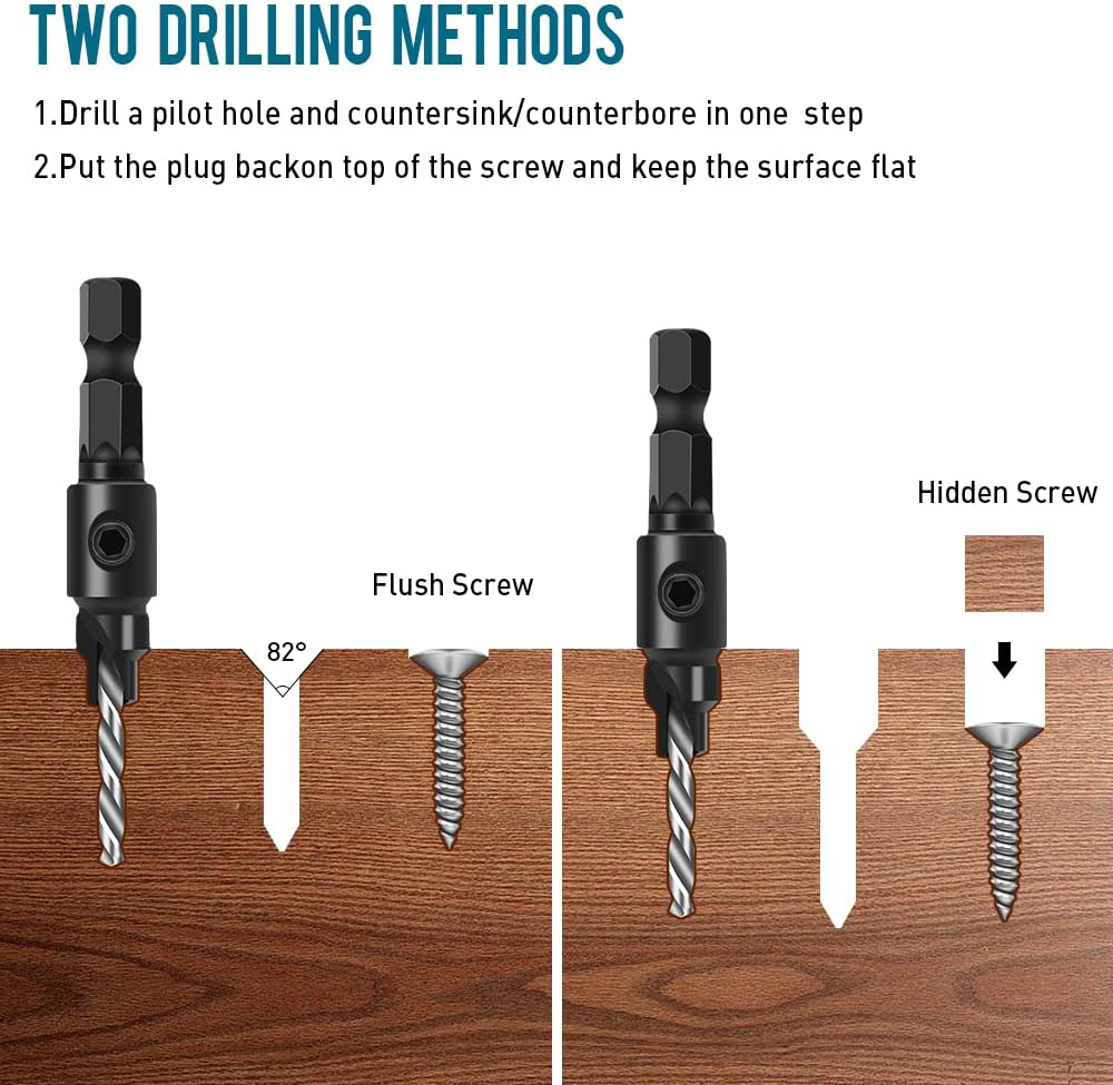 Countersink Drill Bit Set, 5Pcs Quick Change 1/4" Hex Shank Adjustable Countersink Set, 5pcs Free Replaceable Drill Bits with One Hex Wrench, Woodworking Countersink Drill Bits image 3