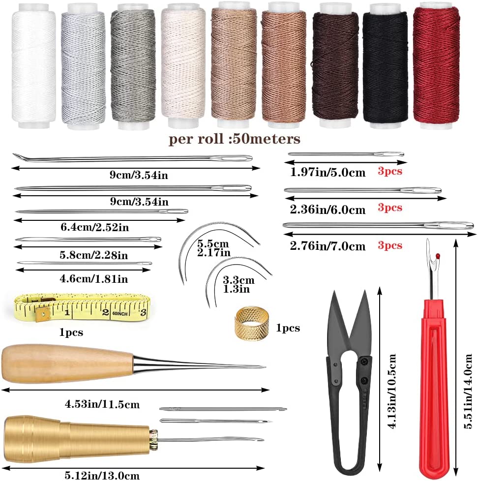 Leather Sewing Kit for Beginners Leather Sewing Awl 34 PCS Leather Needle and Thread Kit Upholstery Thread Cord Large-Eye Stitching Needles for Leather Repair image 1
