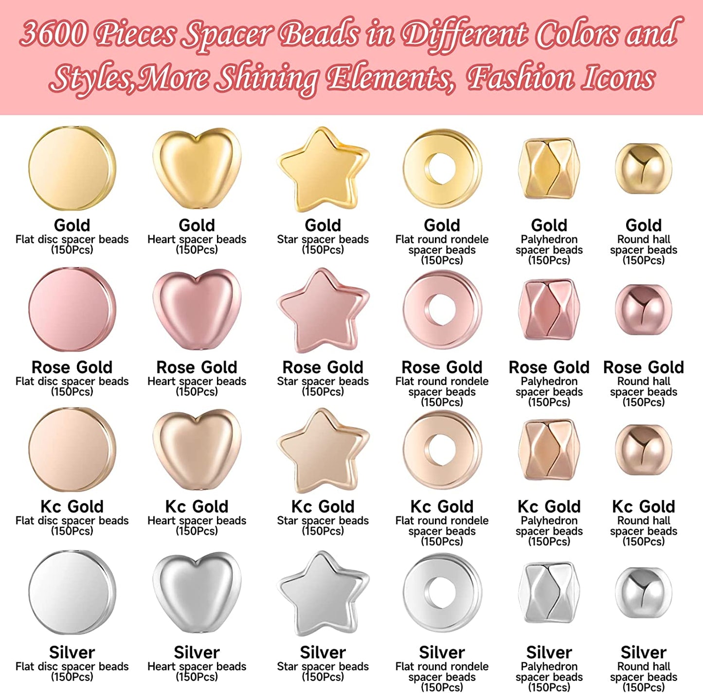 3600 Pieces Gold Spacer Beads for Bracelets Necklaces Jewelry Making, Bracelet Beads, Round Beads and Star Beads-(Gold, Sliver, Rose Gold, KC Gold)-DIY image 1
