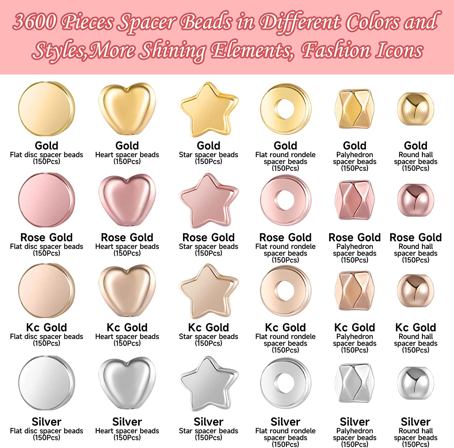 3600 Pieces Gold Spacer Beads for Bracelets Necklaces Jewelry Making, Bracelet Beads, Round Beads and Star Beads-(Gold, Sliver, Rose Gold, KC Gold)-DIY image 1