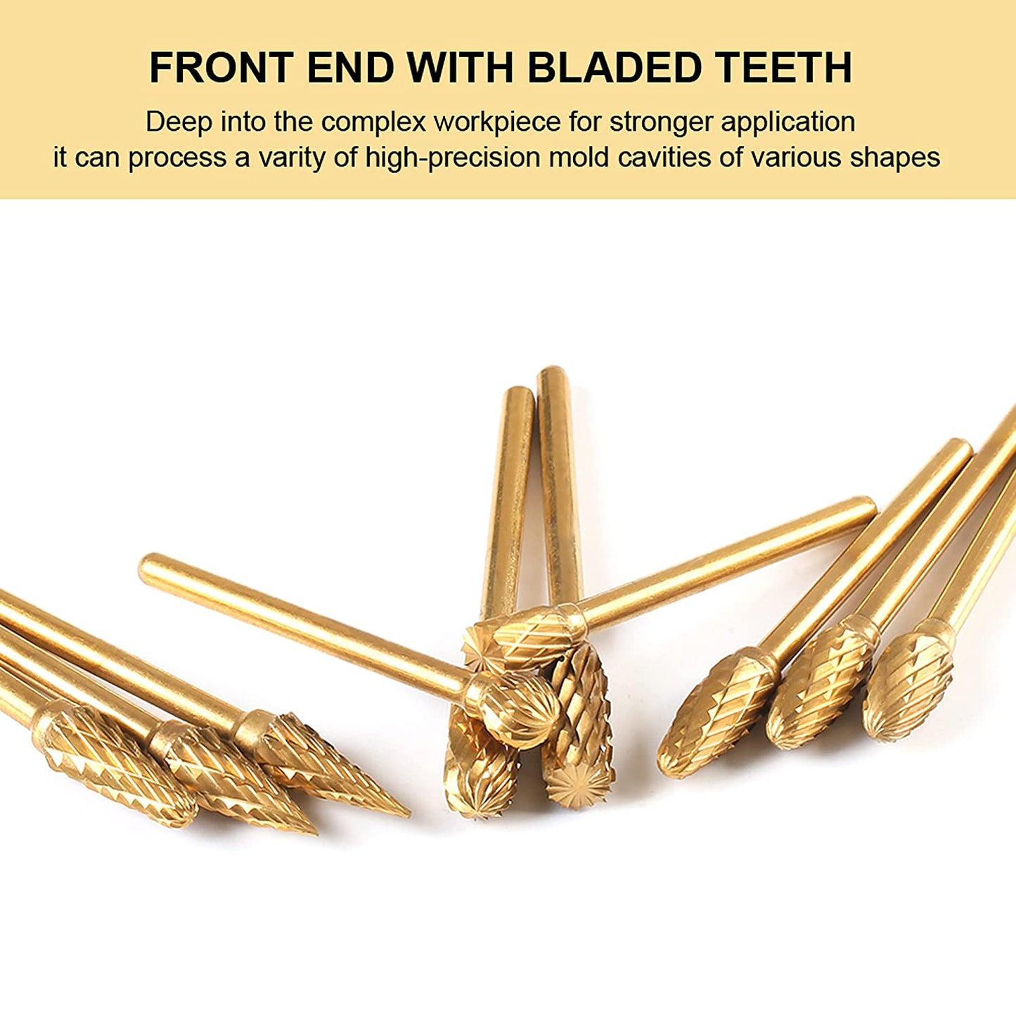 WHISTECK Titanium Carbide Rotary Burr Set - 10pcs Double Cut Tungsten Steel Die Grinder Bits, 1/8" Shank and 1/4" Head Length for Woodworking, Drilling, Metal Craving, Engraving, Polishing image 5
