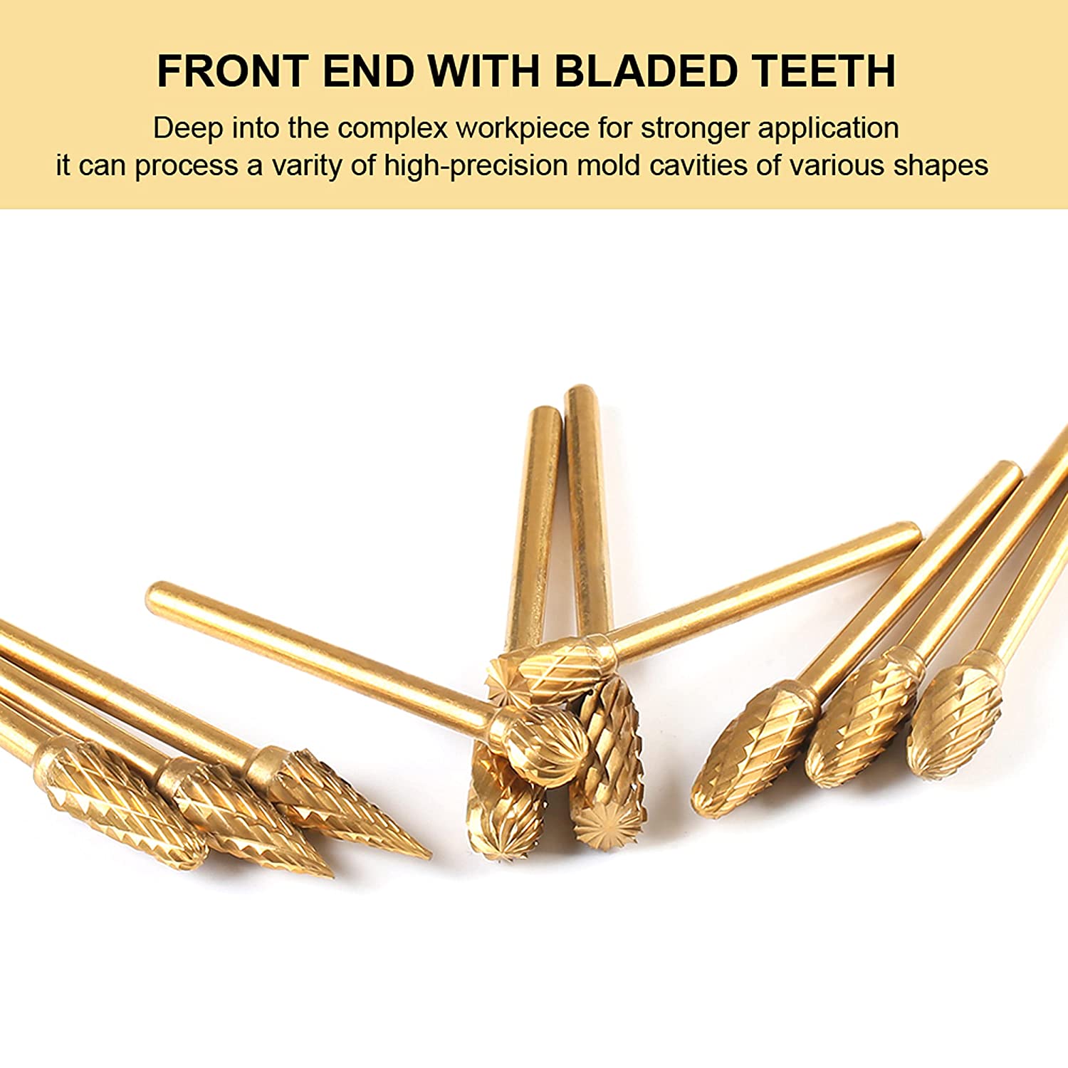WHISTECK Titanium Carbide Rotary Burr Set - 10pcs Double Cut Tungsten Steel Die Grinder Bits, 1/8" Shank and 1/4" Head Length for Woodworking, Drilling, Metal Craving, Engraving, Polishing image 5