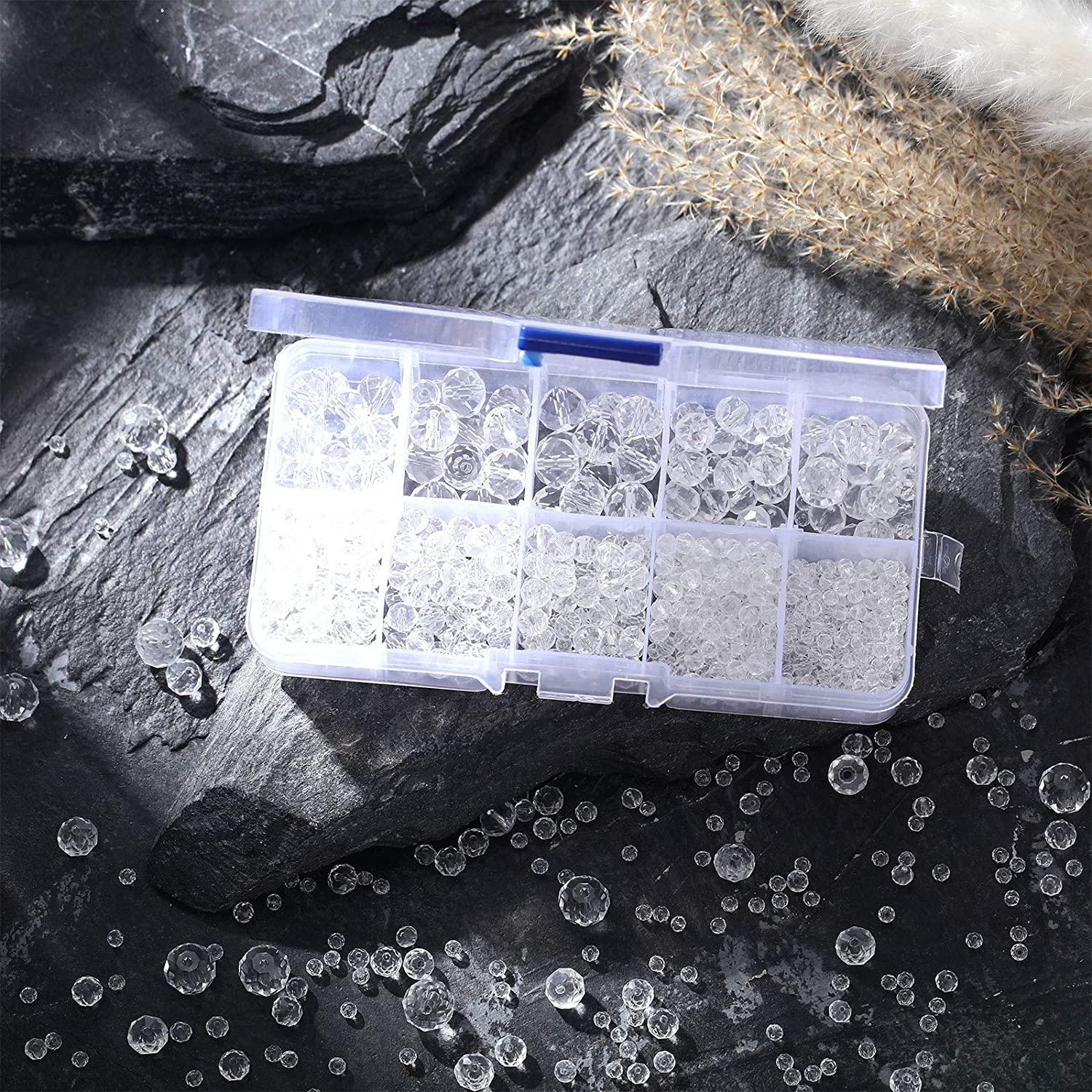 1000 Pieces Crystal Faceted Glass Beads Clear Rondelle Shape Glass Beads Crystal Spacer Loose Beads with Plastic Storage Box for DIY Jewelry Making Craft, 2 mm, 4 mm, 6 mm, 8 mm, 10 mm image 1