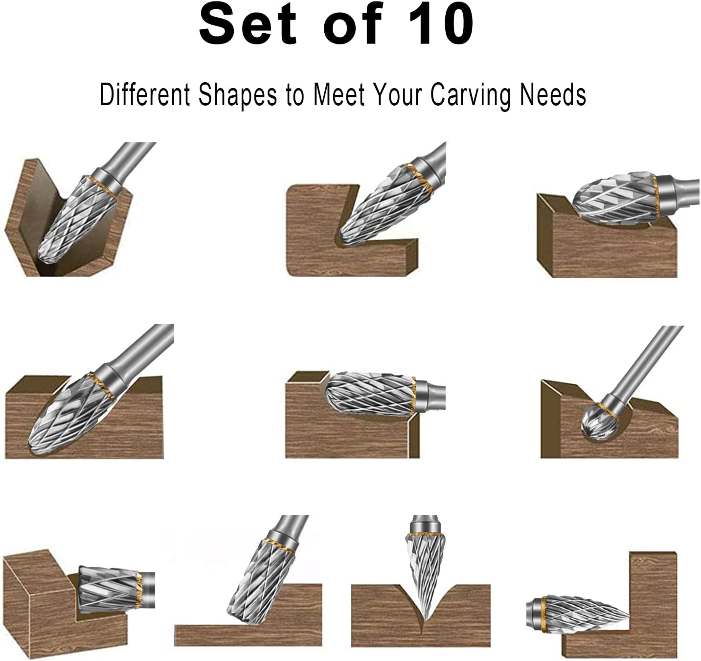 HOMEIDOL Carbide Burr Set Die Grinder Bits Rotary Tool Bits 1/8" Shank 10 PC Double Cut Wood Carving Accessories Cutting Burrs Metal Grinding Engraving Polishing Porting Trimming image 3